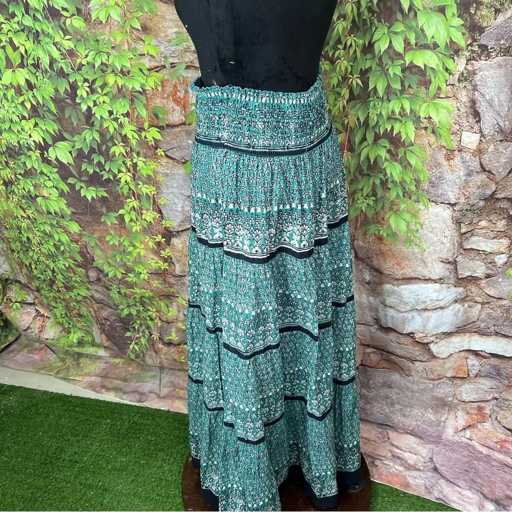 M.A.B.E. Mari Boho Patterned Green Shirred Maxi Skirt, M - Picture 7 of 16
